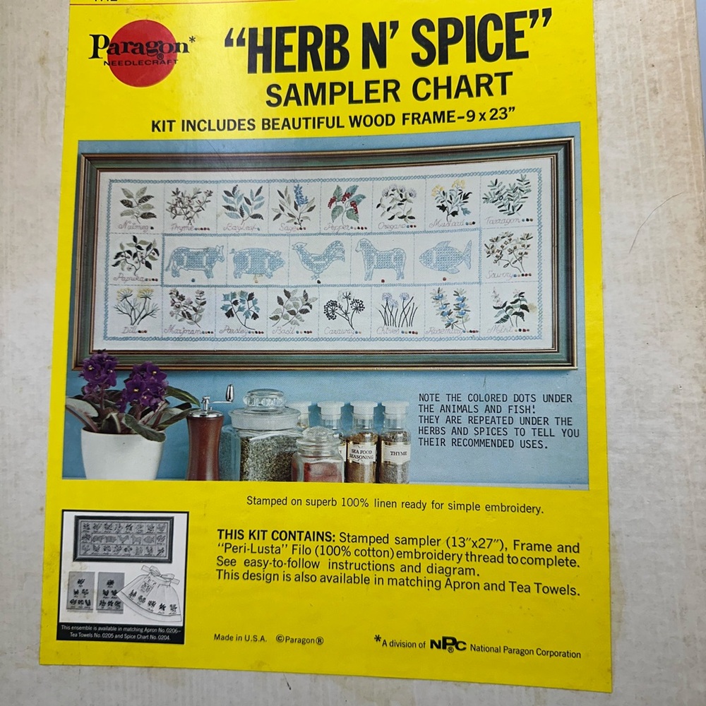 Vintage Paragon Simple Embroidery Kit w/Frame Herb N Spice CottageCore 9x23 Rare